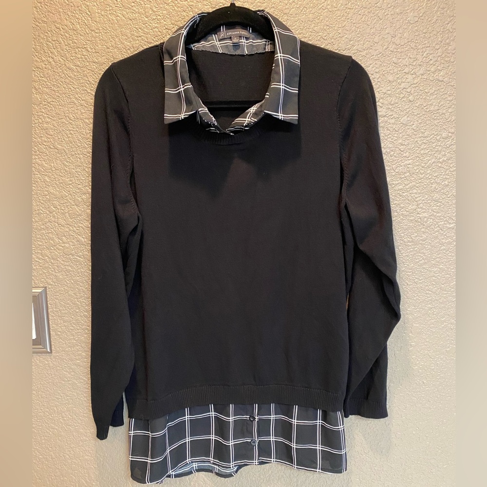 Adriana Papell Black sweater with built-in plaid blouse. Cute for casual wear.
